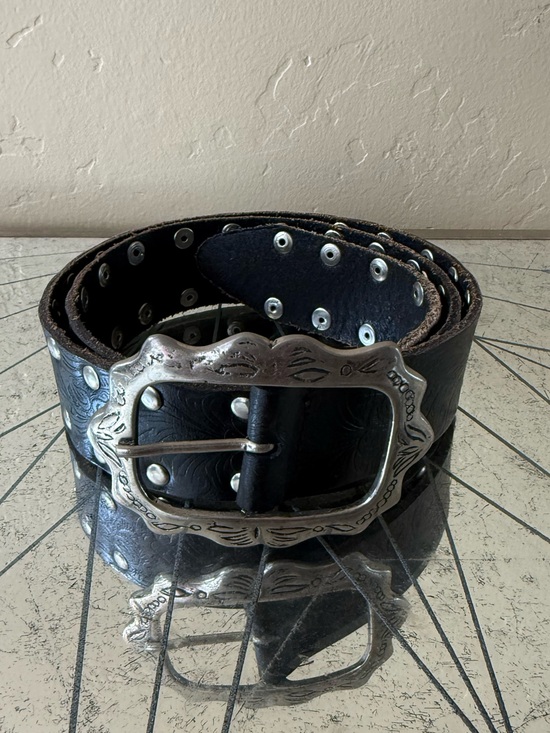 Vintage Black Leather Bohemian Belt with Decorative Brass Silver Buckle M main image 10